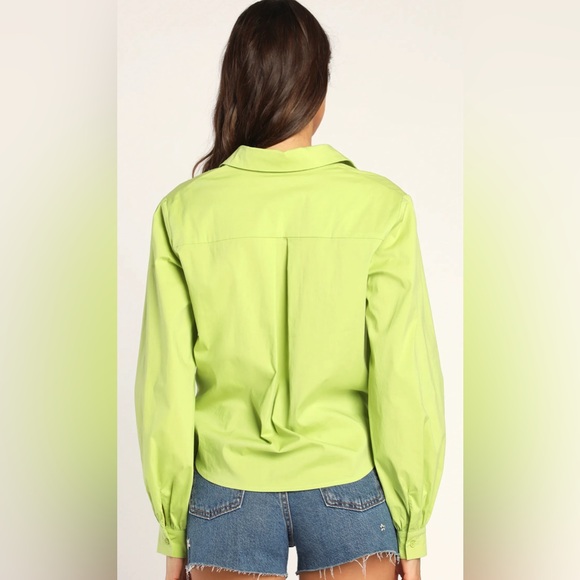Lulus, Sunny Ties Lime Green Tie-Front Long Sleeve Button-Up Top. Sz. L - Picture 3 of 15